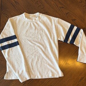 Women’s Gray and Navy Striped Long Sleeve Sweater.